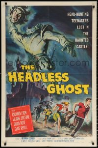 9w450 HEADLESS GHOST 1sh 1959 head-hunting teens lost in the haunted castle, Reynold Brown art!