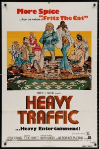 9w454 HEAVY TRAFFIC 1sh 1973 Ralph Bakshi adult cartoon, Adams, great gambling artwork!