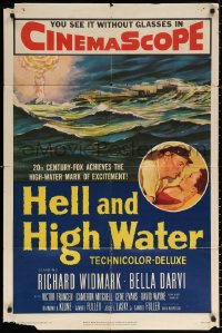 9w455 HELL & HIGH WATER 1sh 1954 Samuel Fuller, Richard Widmark on military submarine!