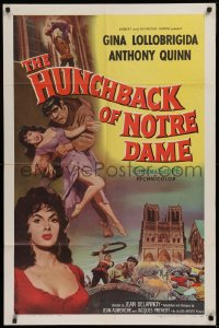 9w484 HUNCHBACK OF NOTRE DAME 1sh 1957 Anthony Quinn as Quasimodo, sexy Gina Lollobrigida!