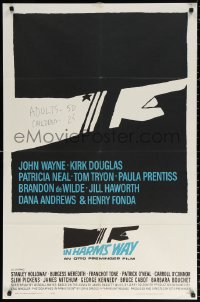 9w490 IN HARM'S WAY 1sh 1965 Otto Preminger, classic Saul Bass pointing hand artwork!