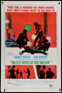 9w493 IN THE HEAT OF THE NIGHT 1sh 1967 Sidney Poitier, Rod Steiger, Warren Oates, cool crime art!