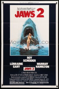 9w507 JAWS 2 1sh 1978 great classic art of giant shark attacking girl on water skis by Lou Feck!