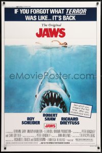 9w506 JAWS 1sh R1979 art of Steven Spielberg's classic man-eating shark attacking nude swimmer!