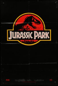 9w520 JURASSIC PARK teaser 1sh 1993 Steven Spielberg, classic logo with T-Rex over red background