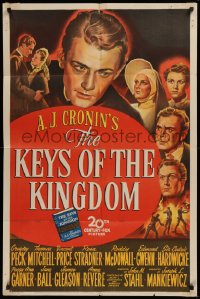 9w521 KEYS OF THE KINGDOM 1sh 1944 art of Gregory Peck, Vincent Price, and top cast!