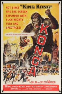 9w529 KONGA 1sh 1961 great artwork of giant angry ape terrorizing city by Reynold Brown!