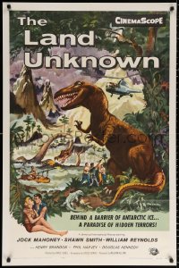 9w539 LAND UNKNOWN 1sh 1957 a paradise of hidden terrors, great art of dinosaurs by Ken Sawyer!