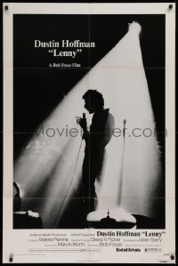9w553 LENNY 1sh 1974 silhouette image of Dustin Hoffman as comedian Lenny Bruce at microphone!