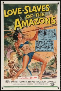 9w577 LOVE-SLAVES OF THE AMAZONS 1sh 1957 Reynold Brown art of sexy female native with spear!