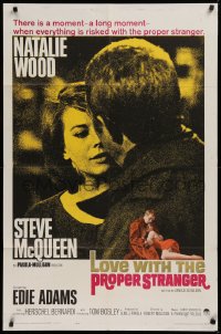 9w576 LOVE WITH THE PROPER STRANGER 1sh 1964 Natalie Wood & Steve McQueen, pink title design!
