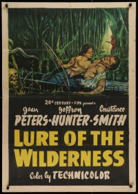 9w580 LURE OF THE WILDERNESS 1sh 1952 art of sexy Jean Peters & wounded Jeff Hunter in swamp!