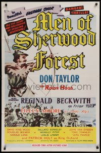 9w613 MEN OF SHERWOOD FOREST 1sh 1956 art of Don Taylor as Robin Hood fighting many guards!