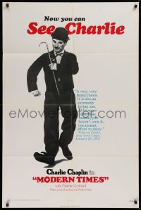 9w621 MODERN TIMES 1sh R1972 great image of the legendary Charlie Chaplin walking with cane!