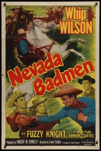 9w644 NEVADA BADMEN 1sh 1951 Whip Wilson with Phyllis Coates, punching bad guy & on horse!
