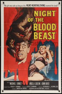 9w650 NIGHT OF THE BLOOD BEAST 1sh 1958 great art of sexy girl & monster hand holding severed head!