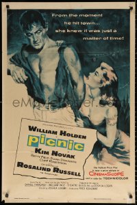 9w689 PICNIC 1sh 1956 great art of barechested William Holden & sexy long-haired Kim Novak!