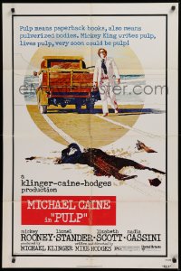 9w708 PULP 1sh 1972 Michael Caine, pretty gory murder artwork of girl run over by truck!