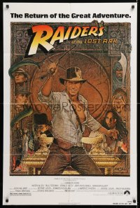 9w718 RAIDERS OF THE LOST ARK 1sh R1982 great Richard Amsel art of adventurer Harrison Ford!