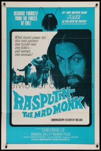 9w722 RASPUTIN THE MAD MONK int'l 1sh 1966 close up of crazed Christopher Lee, wacky beard offer!
