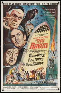 9w723 RAVEN 1sh 1963 Reynold Brown art of Boris Karloff, Vincent Price, Peter Lorre & title bird!