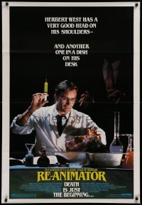 9w725 RE-ANIMATOR 1sh 1985 great image of mad scientist Jeffrey Combs with severed head in bowl!