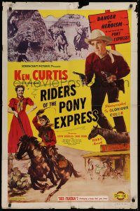 9w742 RIDERS OF THE PONY EXPRESS 1sh 1949 Ken Curtis leaping over fence to attack bad guy!