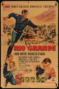 9w745 RIO GRANDE 1sh 1950 art of John Wayne alone & with Maureen O'Hara, directed by John Ford!
