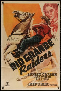 9w746 RIO GRANDE RAIDERS 1sh 1946 cowboy Sunset Carson on rearing horse, pretty Linda Stirling!