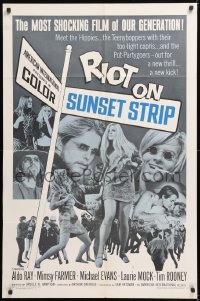 9w748 RIOT ON SUNSET STRIP 1sh 1967 hippies with too-tight capris, crazy pot-partygoers!