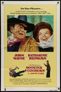9w759 ROOSTER COGBURN 1sh 1975 great art of John Wayne & Katharine Hepburn!
