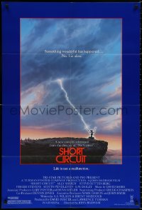 9w795 SHORT CIRCUIT 1sh 1986 cool artwork of Johnny Five being struck by lightning by John Alvin!