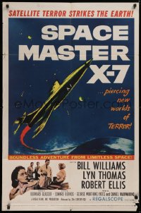 9w819 SPACE MASTER X-7 1sh 1958 satellite terror strikes the Earth, cool art of rocket ship!