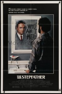 9w838 STEPFATHER 1sh 1986 psycho killer Terry O'Quinn at mirror wondering, Who am I here!