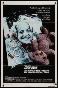 9w853 SUGARLAND EXPRESS 1sh 1974 Steven Spielberg, photo of Goldie Hawn under gun, teddy bear!
