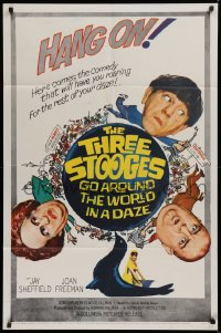 9w893 THREE STOOGES GO AROUND THE WORLD IN A DAZE 1sh 1963 wacky art of Moe, Larry & Curly-Joe!