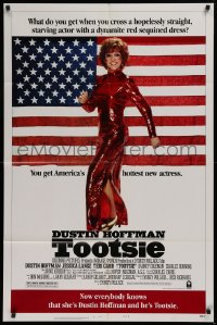 9w905 TOOTSIE style B 1sh 1982 great full-length image of Dustin Hoffman in drag by American flag!