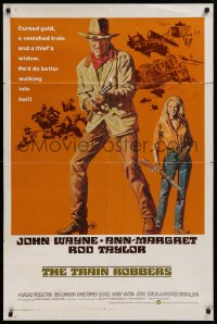 9w914 TRAIN ROBBERS int'l 1sh 1973 full-length Tanenbaum art of cowboy John Wayne & sexy Ann-Margret!
