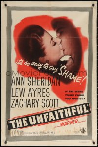 9w930 UNFAITHFUL 1sh 1947 shameless sexy Ann Sheridan kissing, from novel by W. Somerset Maugham!