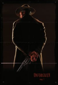 9w931 UNFORGIVEN teaser DS 1sh 1992 image of gunslinger Clint Eastwood w/back turned, dated design!