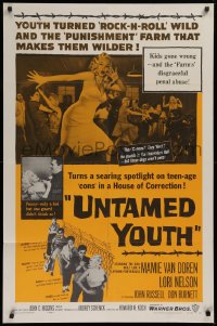9w934 UNTAMED YOUTH 1sh 1957 sexy bad girl Mamie Van Doren in a house of correction!