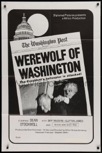 9w959 WEREWOLF OF WASHINGTON 1sh 1973 Dean Stockwell, wacky wolfman image, newspaper design!