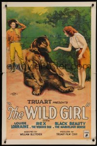 9w970 WILD GIRL 1sh 1925 Art Acord amazed by Louise Lorraine with tame black bear, ultra-rare!