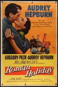 9x311 ROMAN HOLIDAY 40x60 R1960 Audrey Hepburn & Gregory Peck about to kiss & on Vespa, ultra-rare!