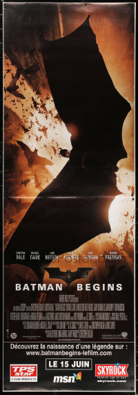 9x318 BATMAN BEGINS advance DS French 2p 2005 image of Christian Bale in title role gliding w/bats!