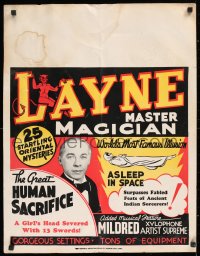 9x062 LAYNE MASTER MAGICIAN 24x28 magic poster 1930s a girl's head severed with 13 swords, rare!