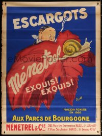 9x331 ESCARGOTS MENETREL 47x63 French advertising poster 1930s art of snail hunted by man w/fork!