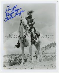 9y857 CLAYTON MOORE signed 8x10 REPRO still 1980s in costume as The Lone Ranger riding Silver!