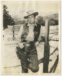 9y525 JOHN PAYNE signed deluxe 8x10 still 1940s full-length cowboy portrait leaning against fence!