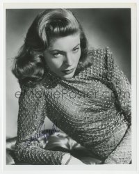 9y925 LAUREN BACALL signed 8x10 REPRO still 1980s sexy portrait wearing cool fishnet blouse!